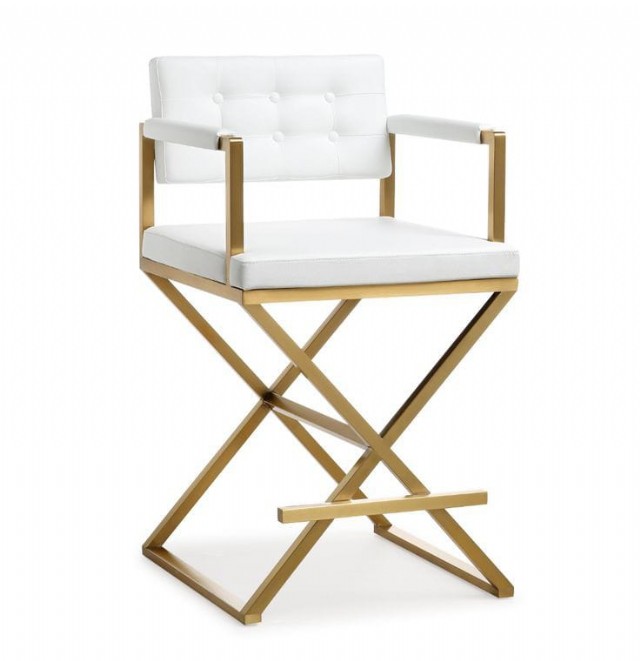 Sarı Metal Beyaz Deri Bar Sandalyesi Yüksek Boyutlu Lüks Tasarım